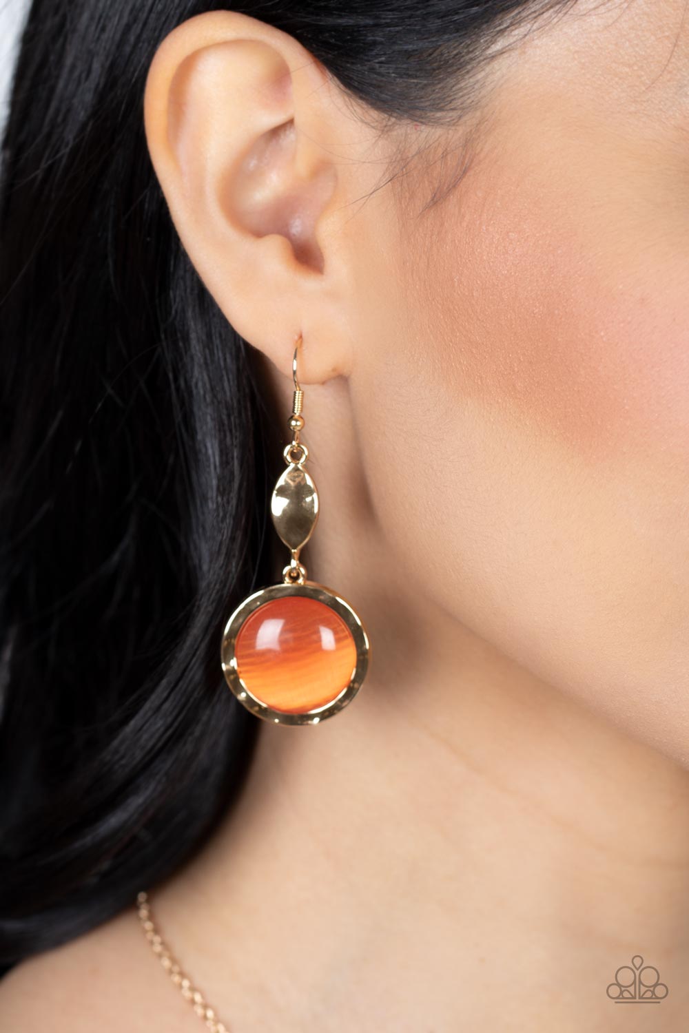 Magically Magnificent Orange Cat's Eye Stone Earrings - Paparazzi Accessories- on model - CarasShop.com - Paparazzi Jewelry by Cara Jewels