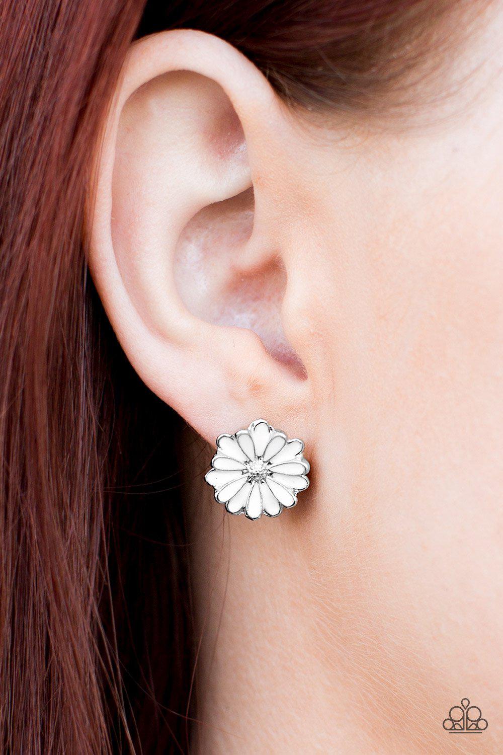 Magnificent Magnolia White Flower Post Earrings - Paparazzi Accessories- lightbox - CarasShop.com - Paparazzi Jewelry by Cara Jewels