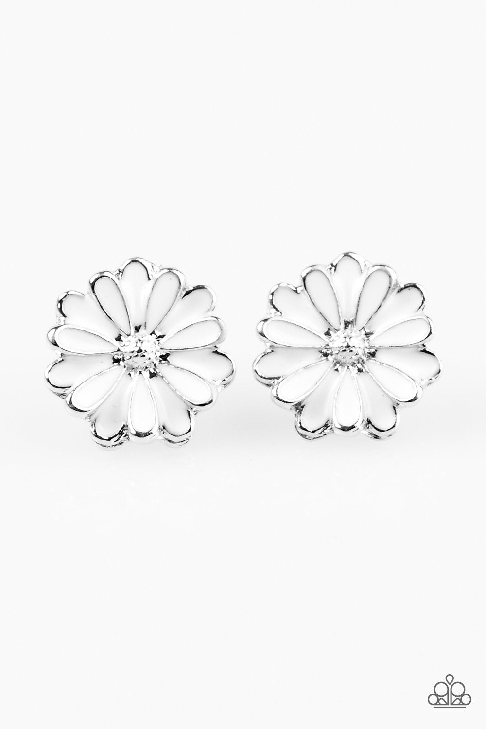 Magnificent Magnolia White Flower Post Earrings - Paparazzi Accessories- on model - CarasShop.com - Paparazzi Jewelry by Cara Jewels
