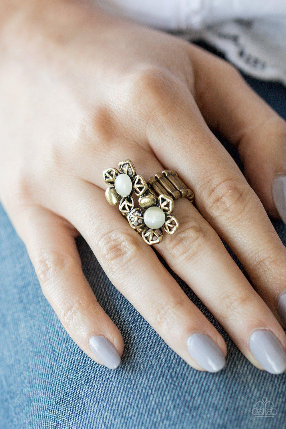 Magnolia Mansions Brass and White Moonstone Flower Ring - Paparazzi Accessories- lightbox - CarasShop.com - Paparazzi Jewelry by Cara Jewels
