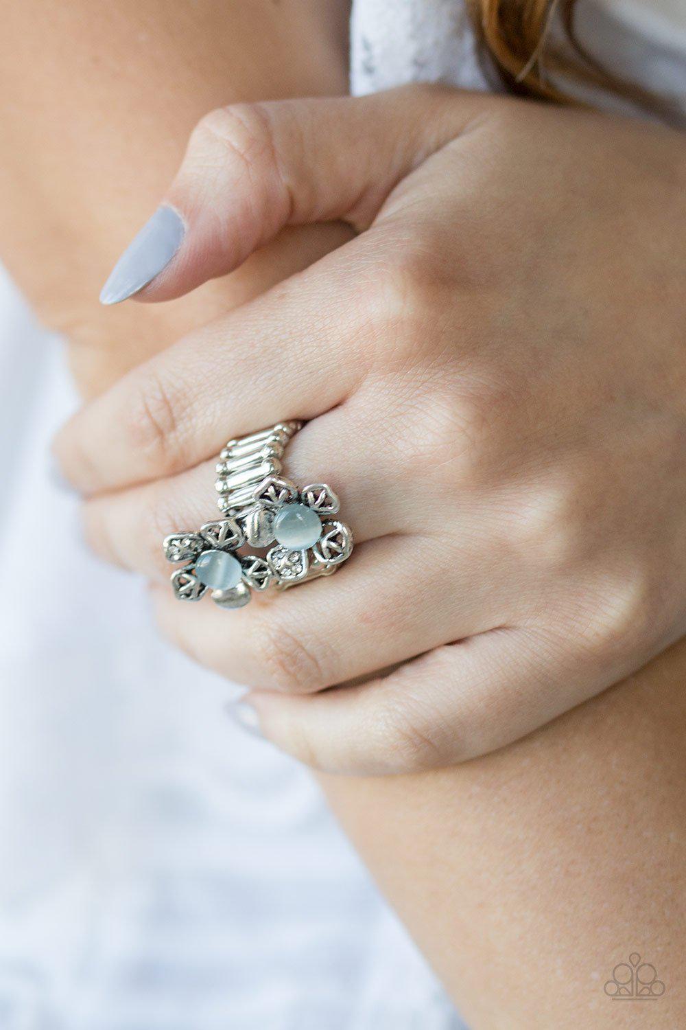 Magnolia Mansions Silver and Blue Moonstone Flower Ring - Paparazzi Accessories- lightbox - CarasShop.com - Paparazzi Jewelry by Cara Jewels