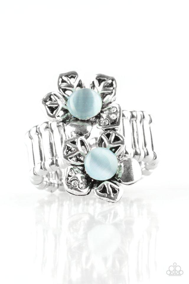 Magnolia Mansions Silver and Blue Moonstone Flower Ring - Paparazzi Accessories- on model - CarasShop.com - Paparazzi Jewelry by Cara Jewels