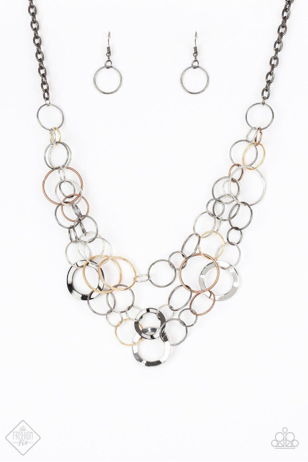 Main Street Mechanics Gold, Silver and Gunmetal Necklace - Paparazzi Accessories - free matching earrings -CarasShop.com - Paparazzi Jewelry by Cara Jewels