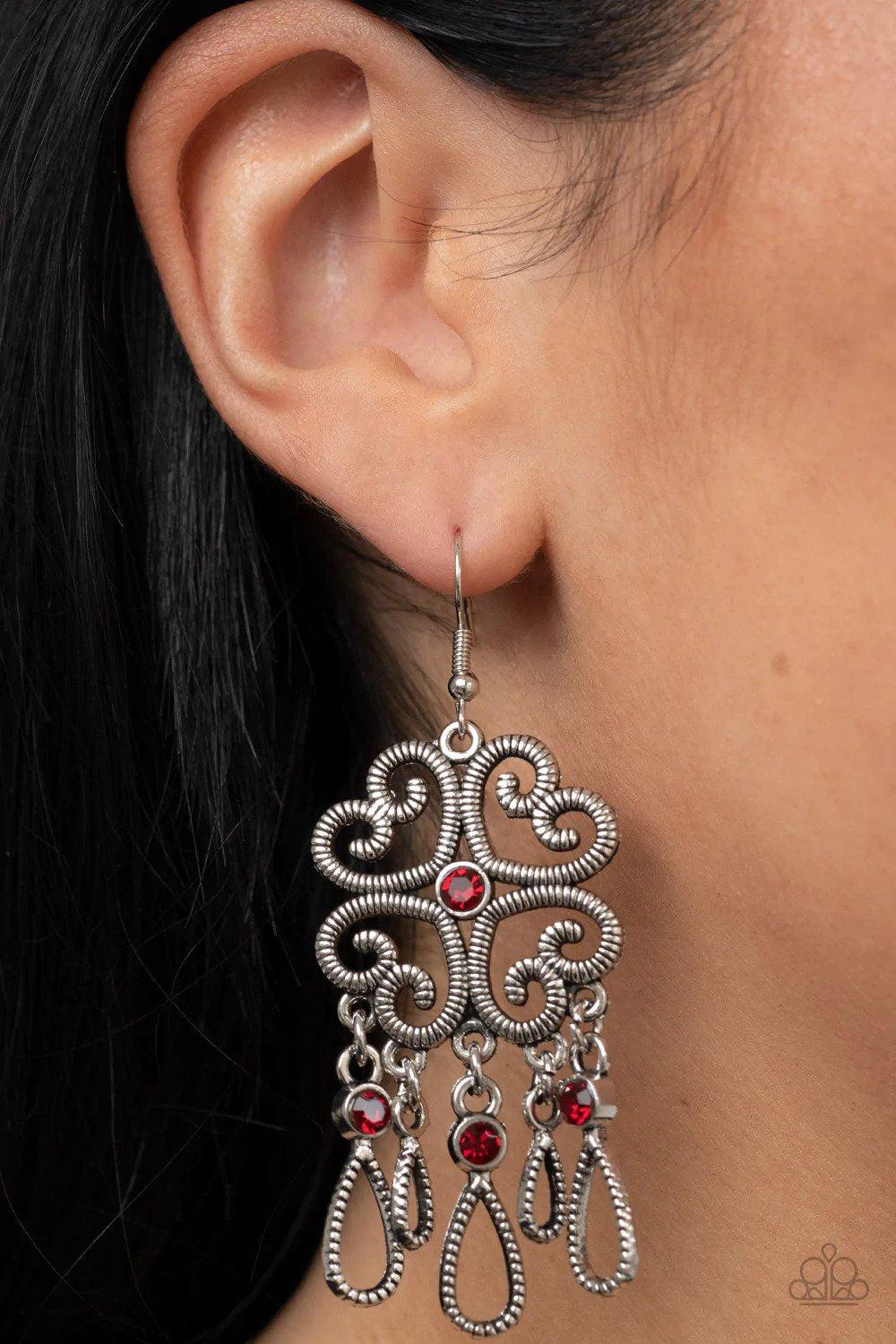 Majestic Makeover Red Earrings - Paparazzi Accessories- on model - CarasShop.com - Paparazzi Jewelry by Cara Jewels