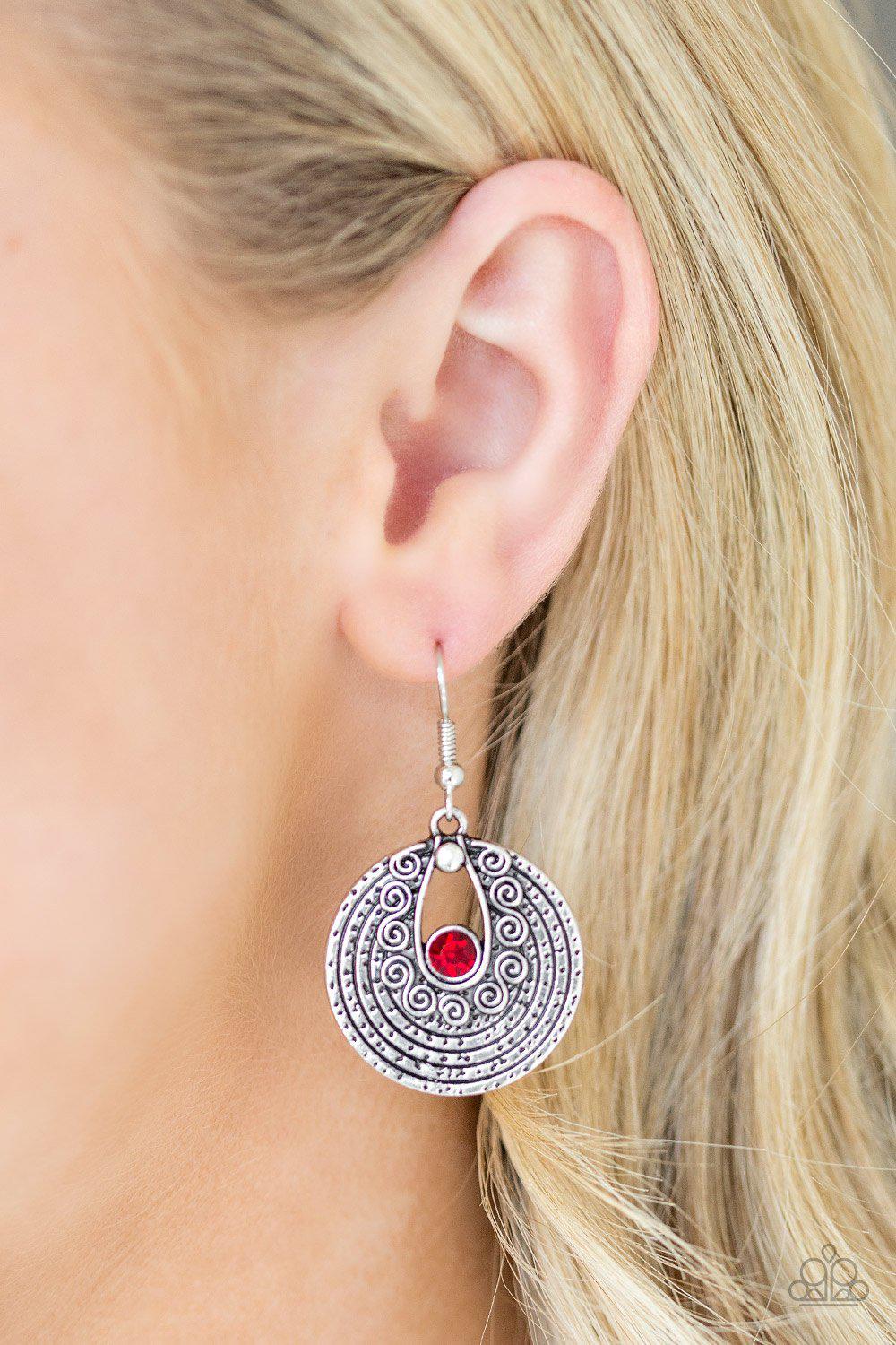 Majestically Mayan Red and Silver Earrings - Paparazzi Accessories- lightbox - CarasShop.com - Paparazzi Jewelry by Cara Jewels