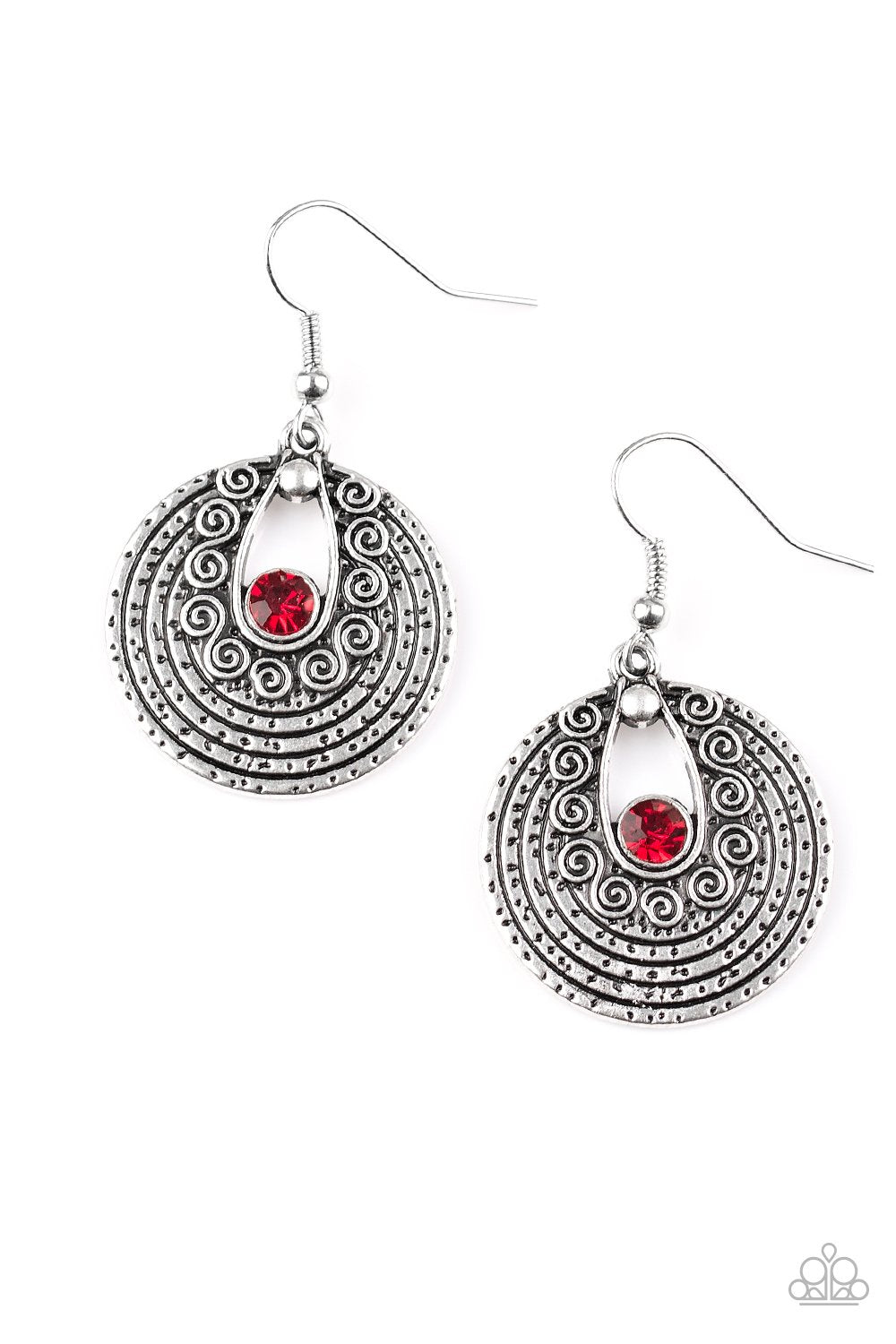 Majestically Mayan Red and Silver Earrings - Paparazzi Accessories- on model - CarasShop.com - Paparazzi Jewelry by Cara Jewels