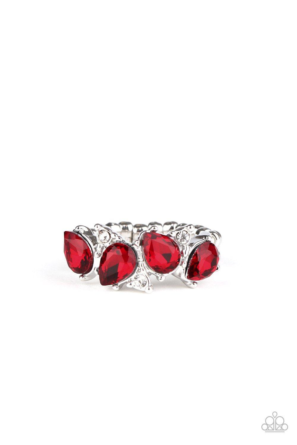 Majestically Modern Red and White Rhinestone Ring - Paparazzi Accessories- on model - CarasShop.com - Paparazzi Jewelry by Cara Jewels