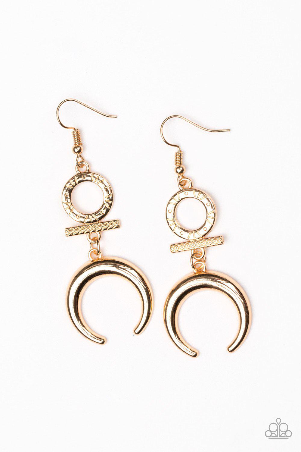 Majestically Moon Child Gold Earrings - Paparazzi Accessories- on model - CarasShop.com - Paparazzi Jewelry by Cara Jewels