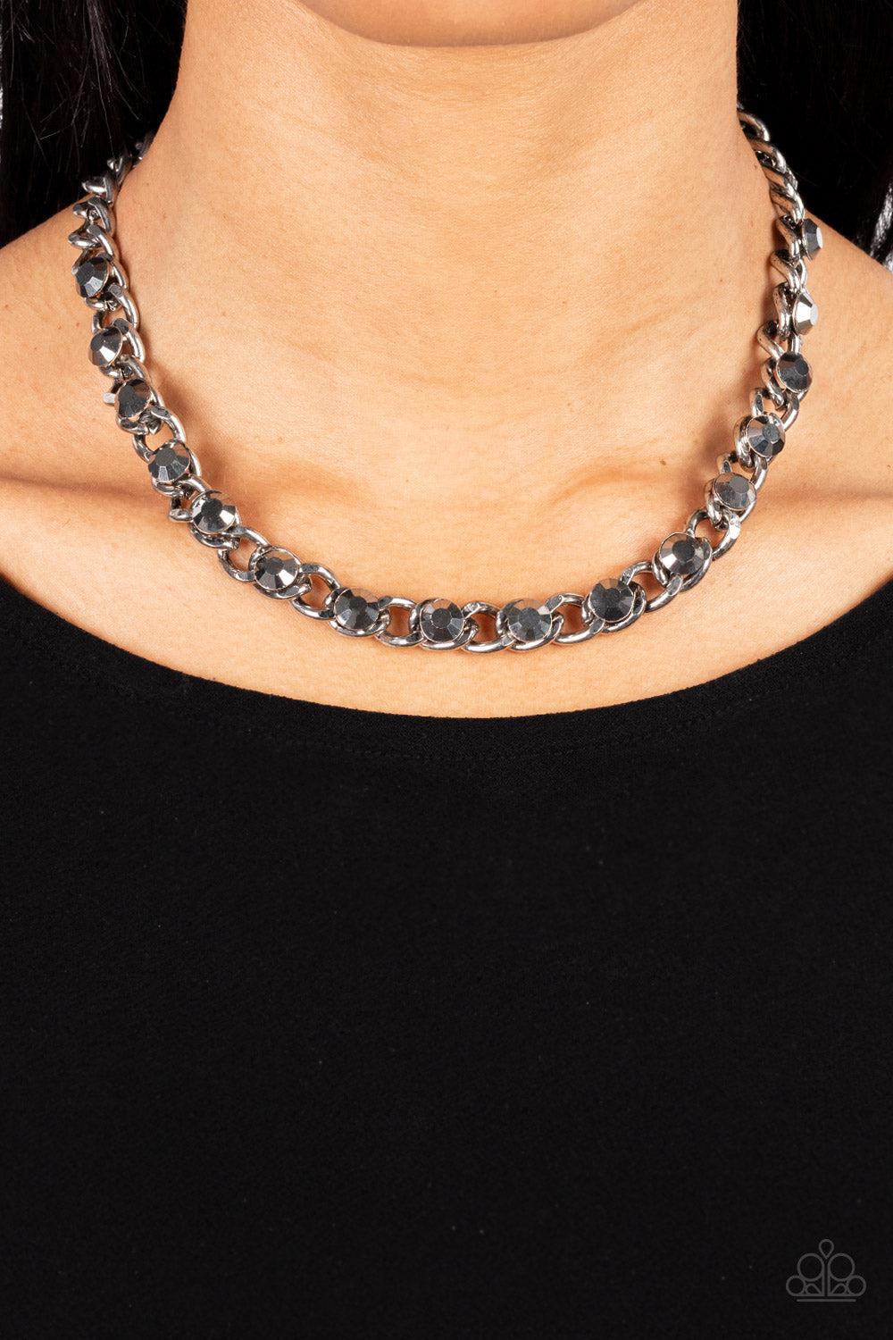 Major Moxie Silver & Hematite Rhinestone Necklace - Paparazzi Accessories- lightbox - CarasShop.com - Paparazzi Jewelry by Cara Jewels