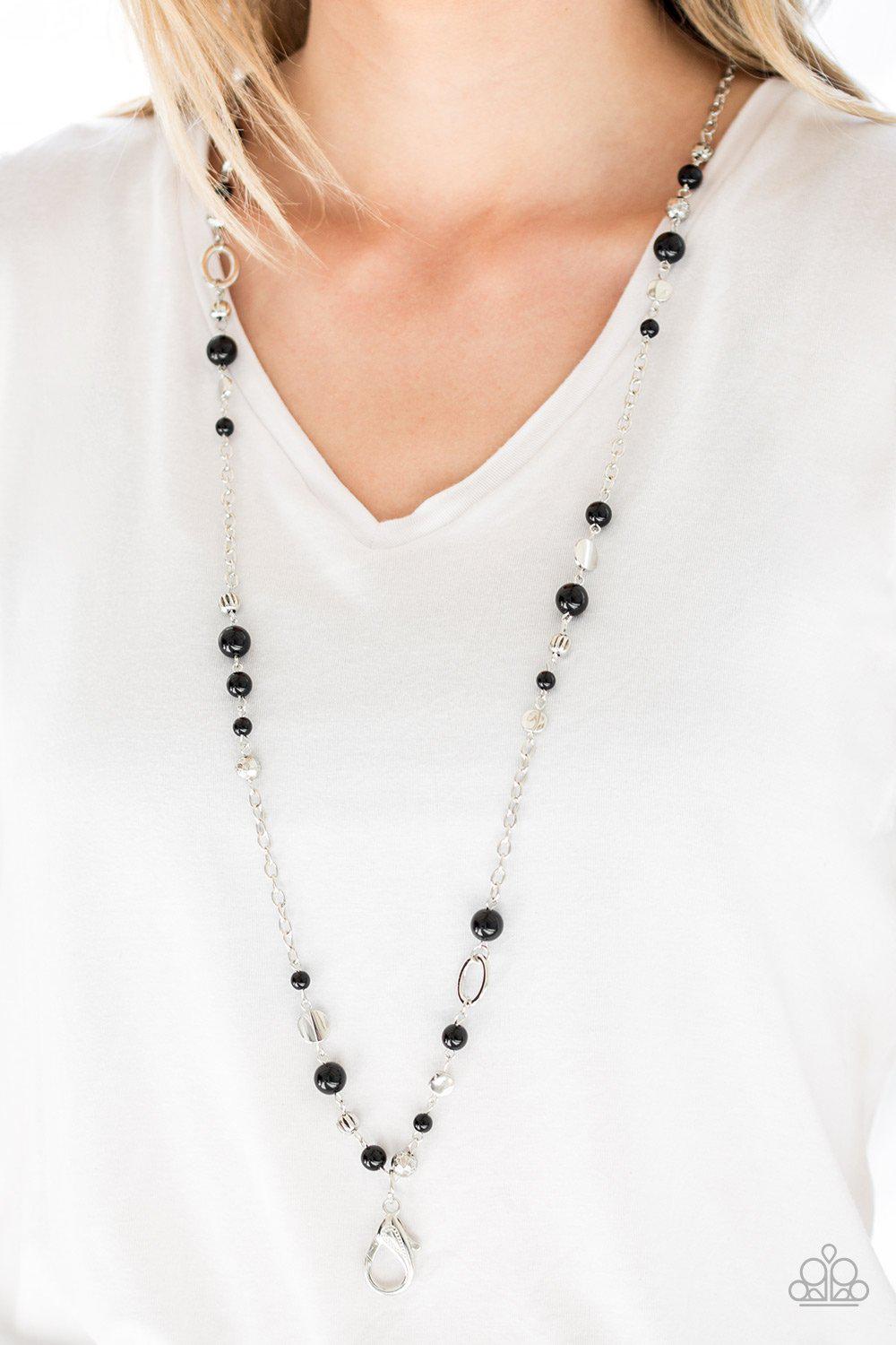 Make An Appearance Black and Silver Lanyard Necklace - Paparazzi Accessories- on model - CarasShop.com - Paparazzi Jewelry by Cara Jewels