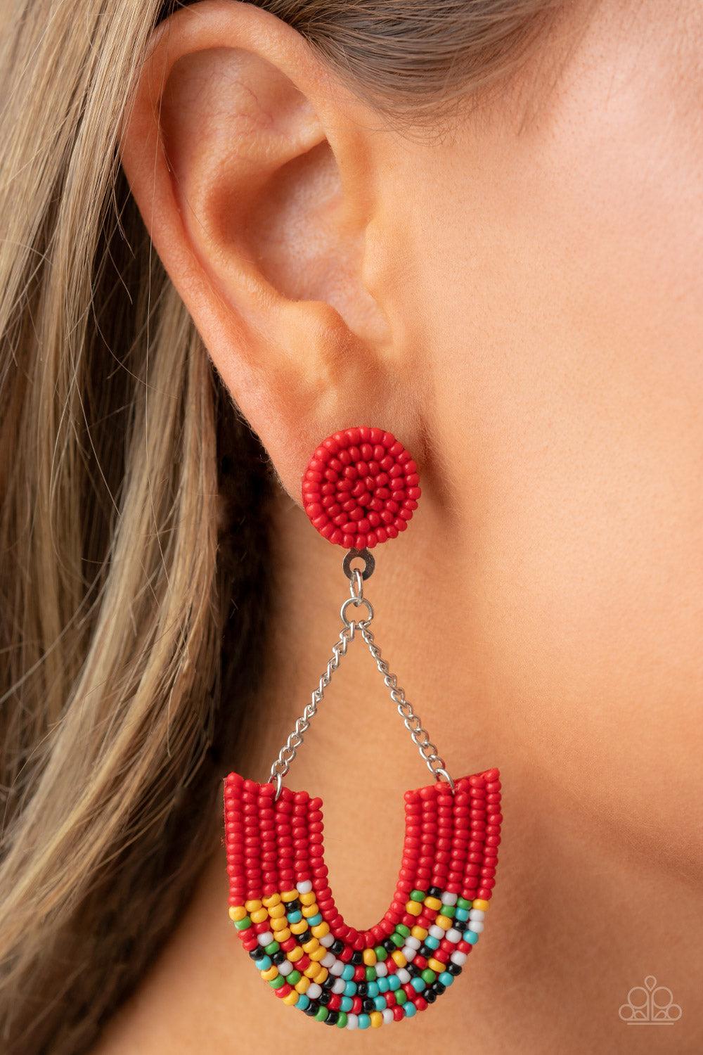 Make it RAINBOW Red Seed Bead Earrings - Paparazzi Accessories- on model - CarasShop.com - Paparazzi Jewelry by Cara Jewels