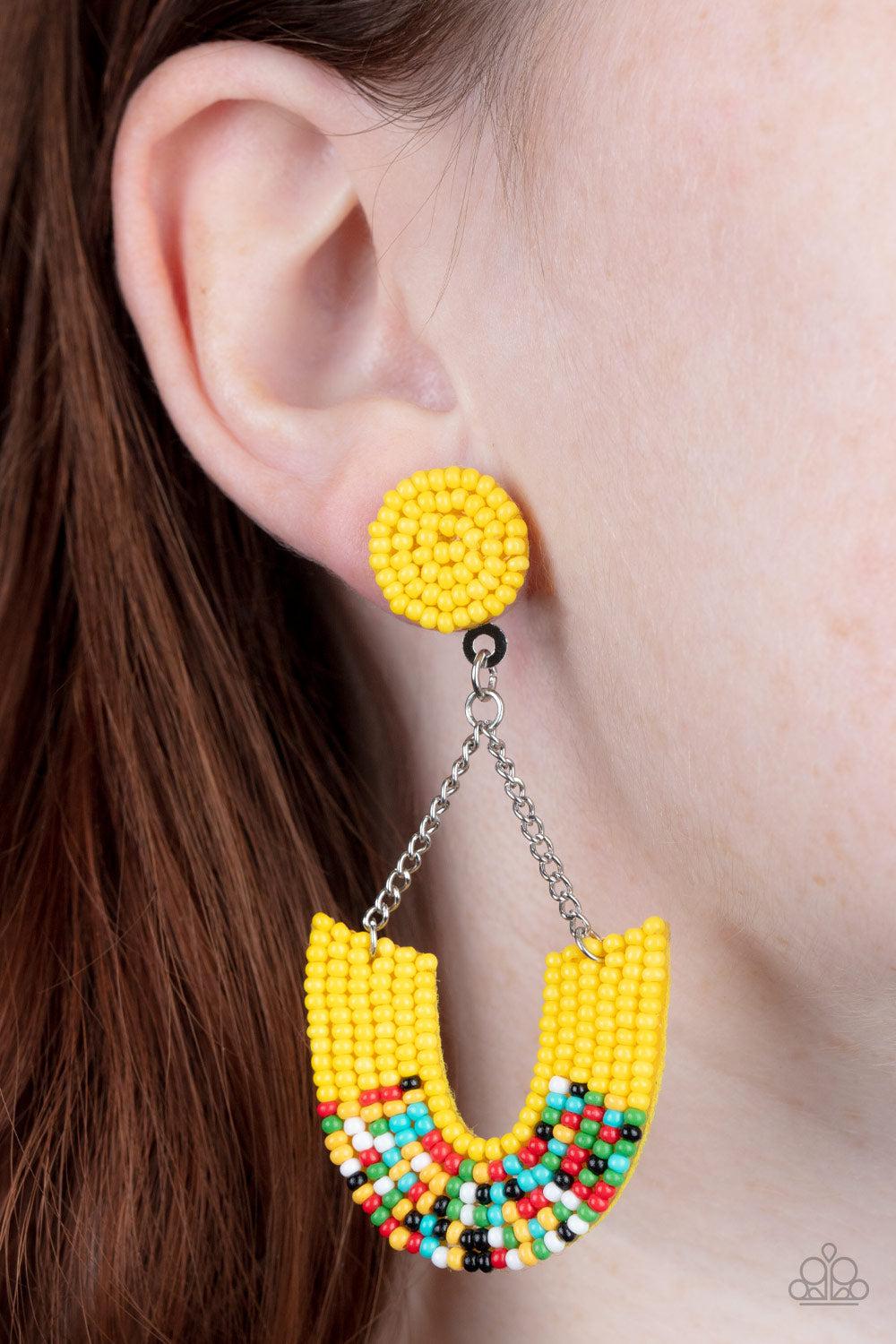 Make it RAINBOW Yellow Seed bead Earrings - Paparazzi Accessories- on model - CarasShop.com - Paparazzi Jewelry by Cara Jewels