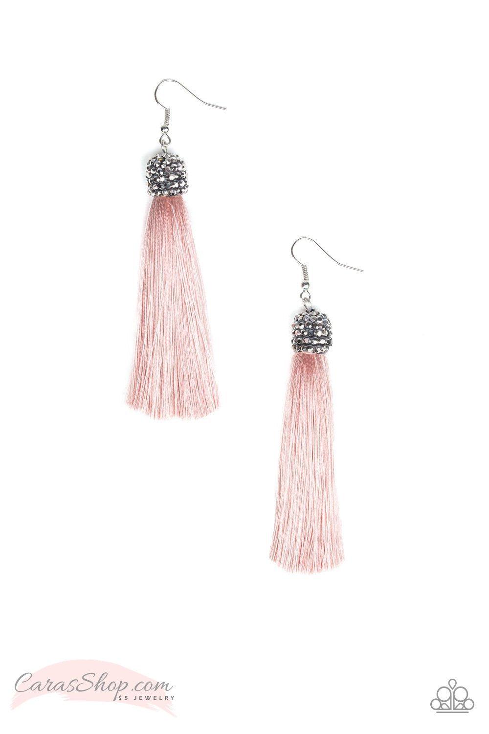 Make Room For Plume Pink Tassel Earrings - Paparazzi Accessories- on model - CarasShop.com - Paparazzi Jewelry by Cara Jewels