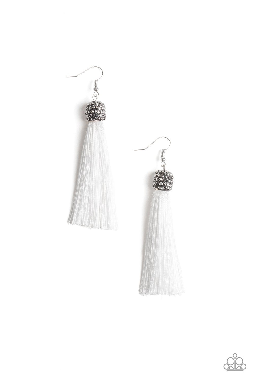 Make Room For Plume White Tassel Earrings - Paparazzi Accessories- on model - CarasShop.com - Paparazzi Jewelry by Cara Jewels