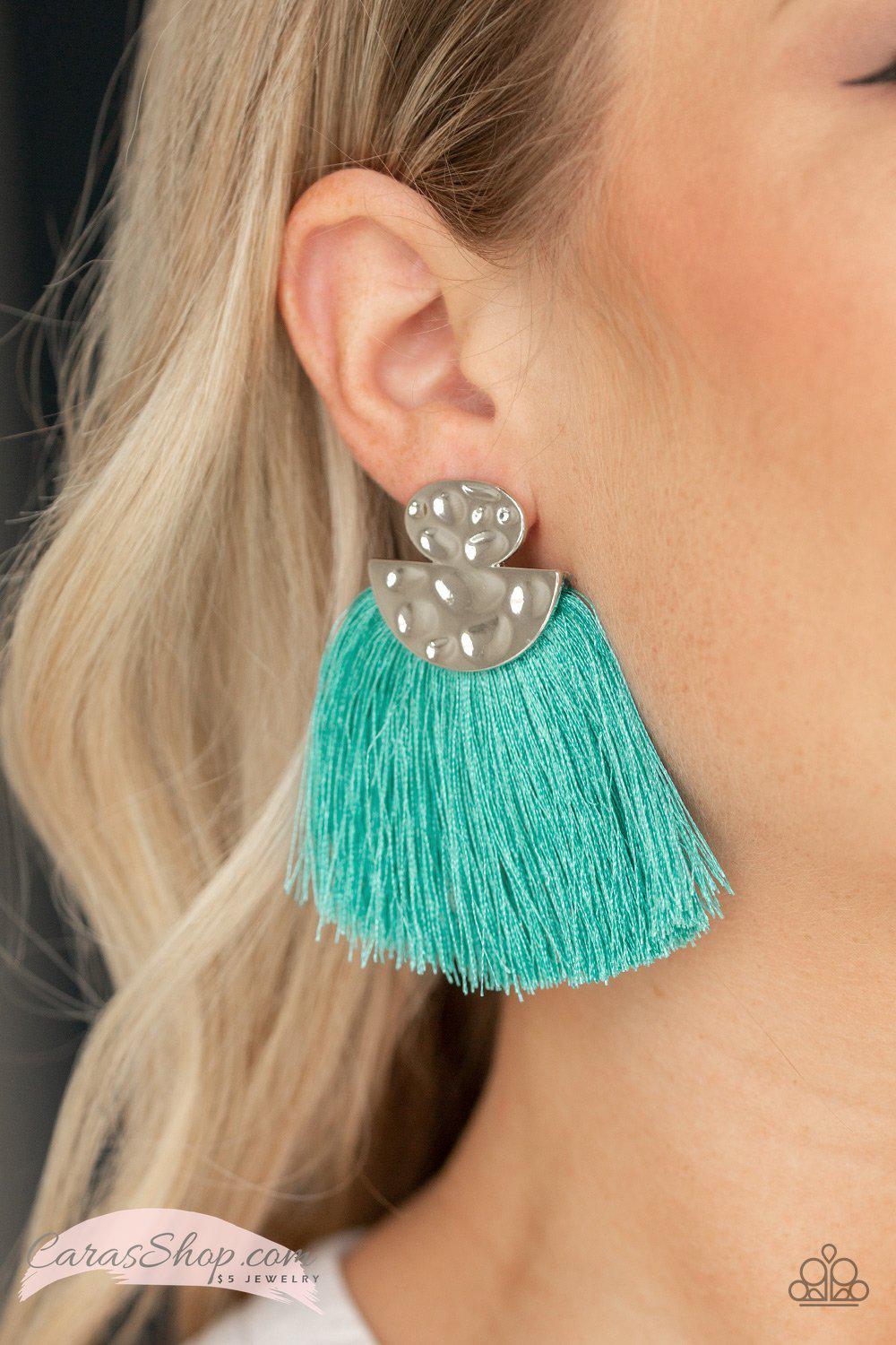 Make Some PLUME Blue Fringe Earrings - Paparazzi Accessories- lightbox - CarasShop.com - Paparazzi Jewelry by Cara Jewels