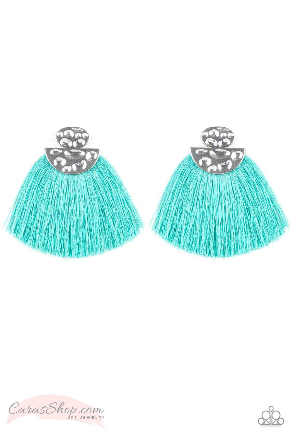 Make Some PLUME Blue Fringe Earrings - Paparazzi Accessories- on model - CarasShop.com - Paparazzi Jewelry by Cara Jewels