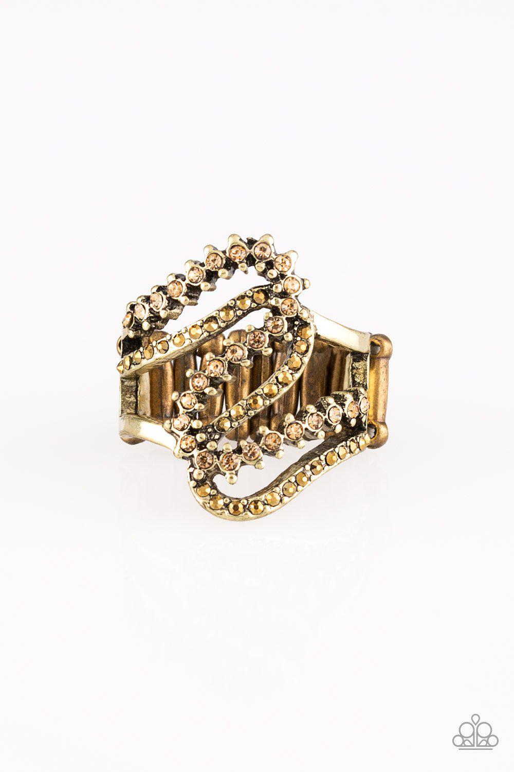 Make Waves Brass Rhinestone Ring - Paparazzi Accessories- lightbox - CarasShop.com - Paparazzi Jewelry by Cara Jewels