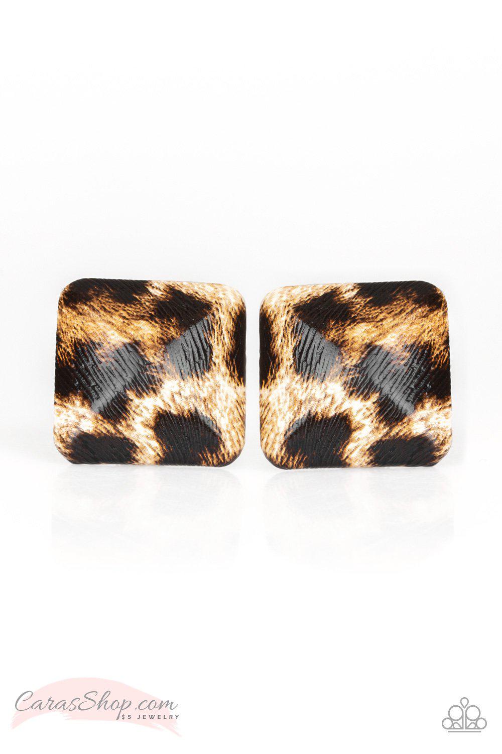 Making HISS-tory Brown Animal Print Post Earrings - Paparazzi Accessories- on model - CarasShop.com - Paparazzi Jewelry by Cara Jewels