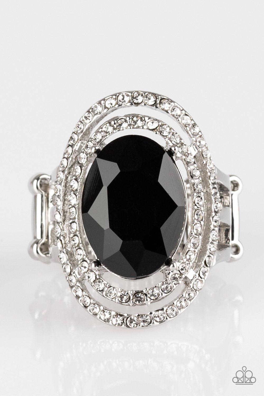 Making History Black and White Rhinestone Ring - Paparazzi Accessories- on model - CarasShop.com - Paparazzi Jewelry by Cara Jewels