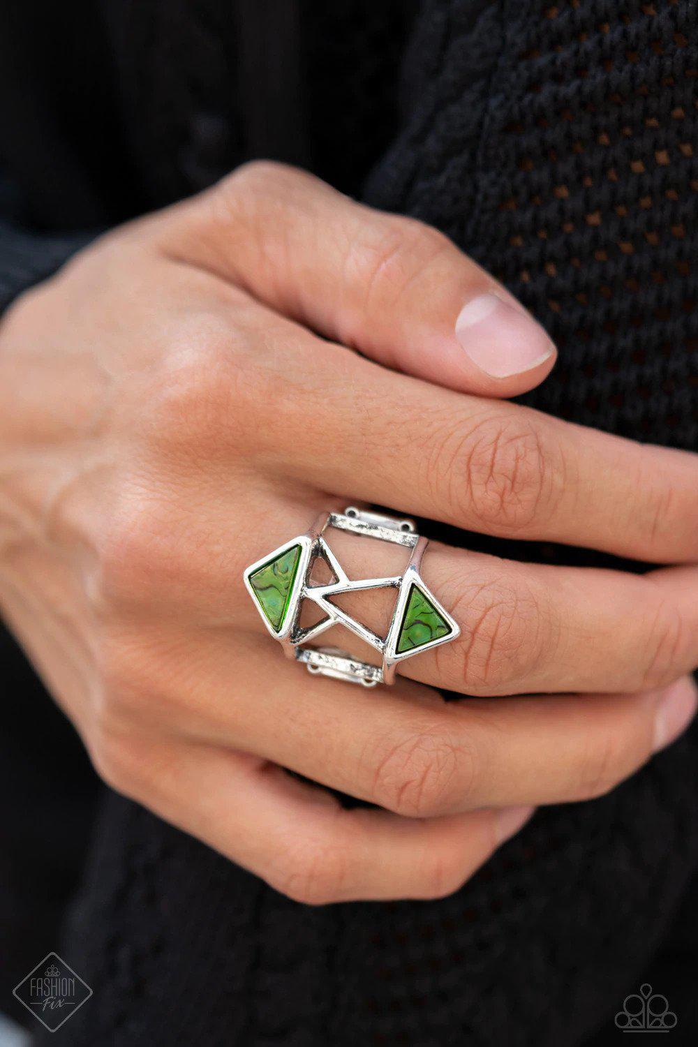 Making Me Edgy Green Ring - Paparazzi Accessories- on model - CarasShop.com - Paparazzi Jewelry by Cara Jewels