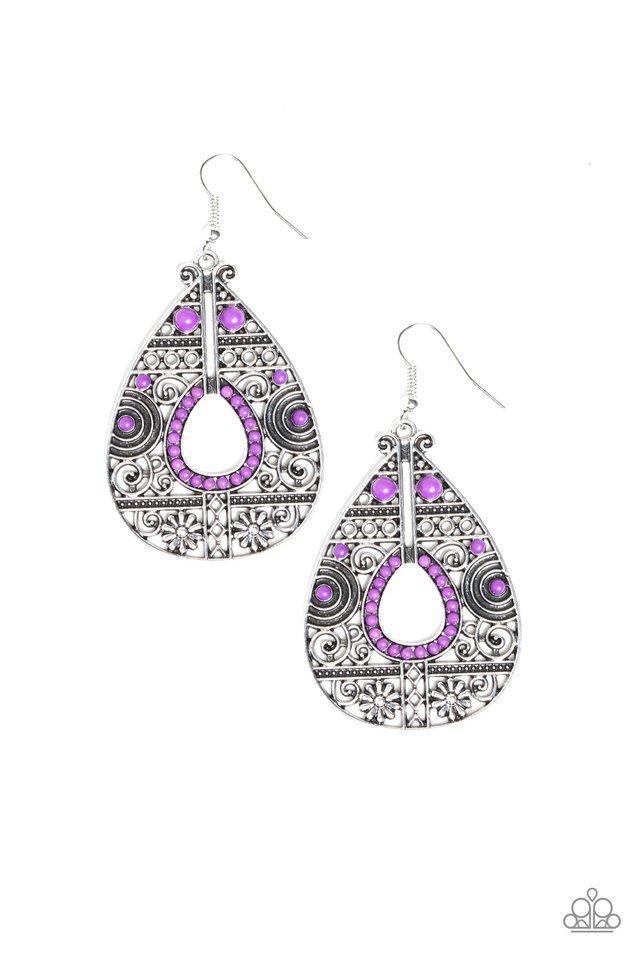 Malibu Gardens Purple and Silver Filigree Earrings - Paparazzi Accessories- on model - CarasShop.com - Paparazzi Jewelry by Cara Jewels
