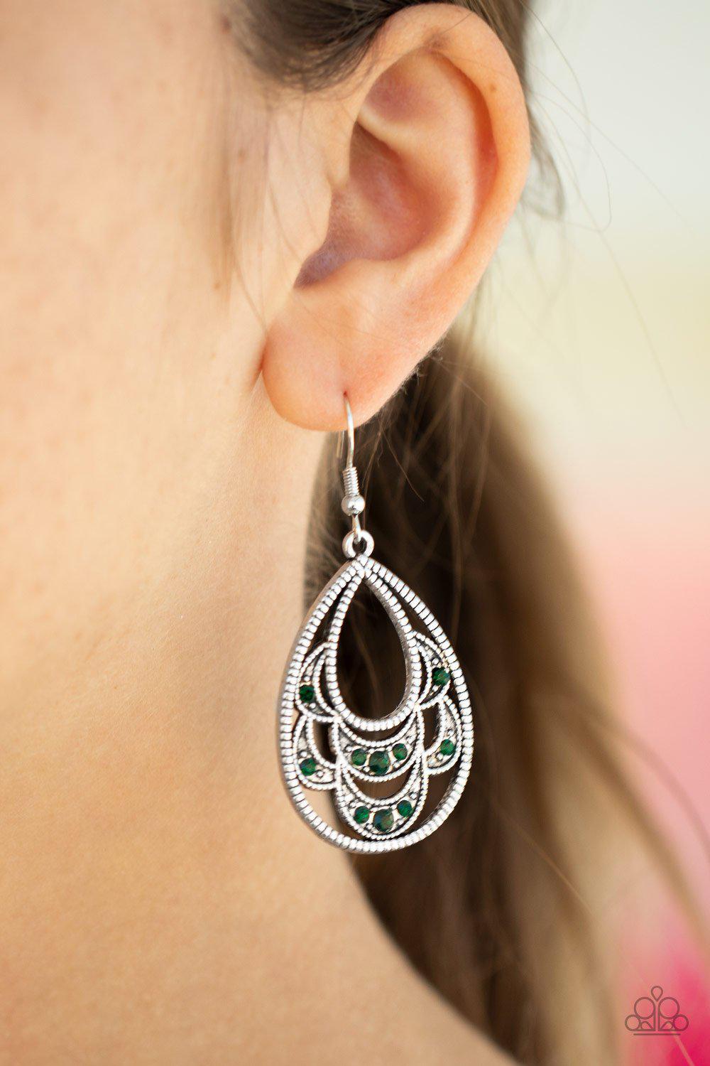Malibu Macrame Green Rhinestone and Silver Filigree Earrings - Paparazzi Accessories- lightbox - CarasShop.com - Paparazzi Jewelry by Cara Jewels