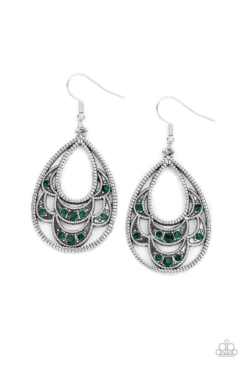 Malibu Macrame Green Rhinestone and Silver Filigree Earrings - Paparazzi Accessories- on model - CarasShop.com - Paparazzi Jewelry by Cara Jewels