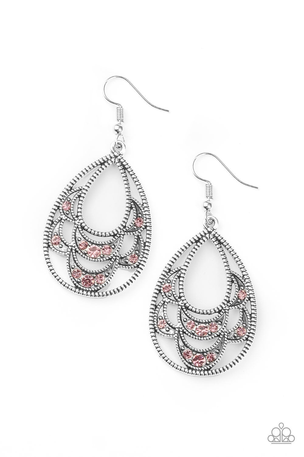Malibu Macrame Pink Rhinestone Teardrop Earrings - Paparazzi Accessories- lightbox - CarasShop.com - Paparazzi Jewelry by Cara Jewels
