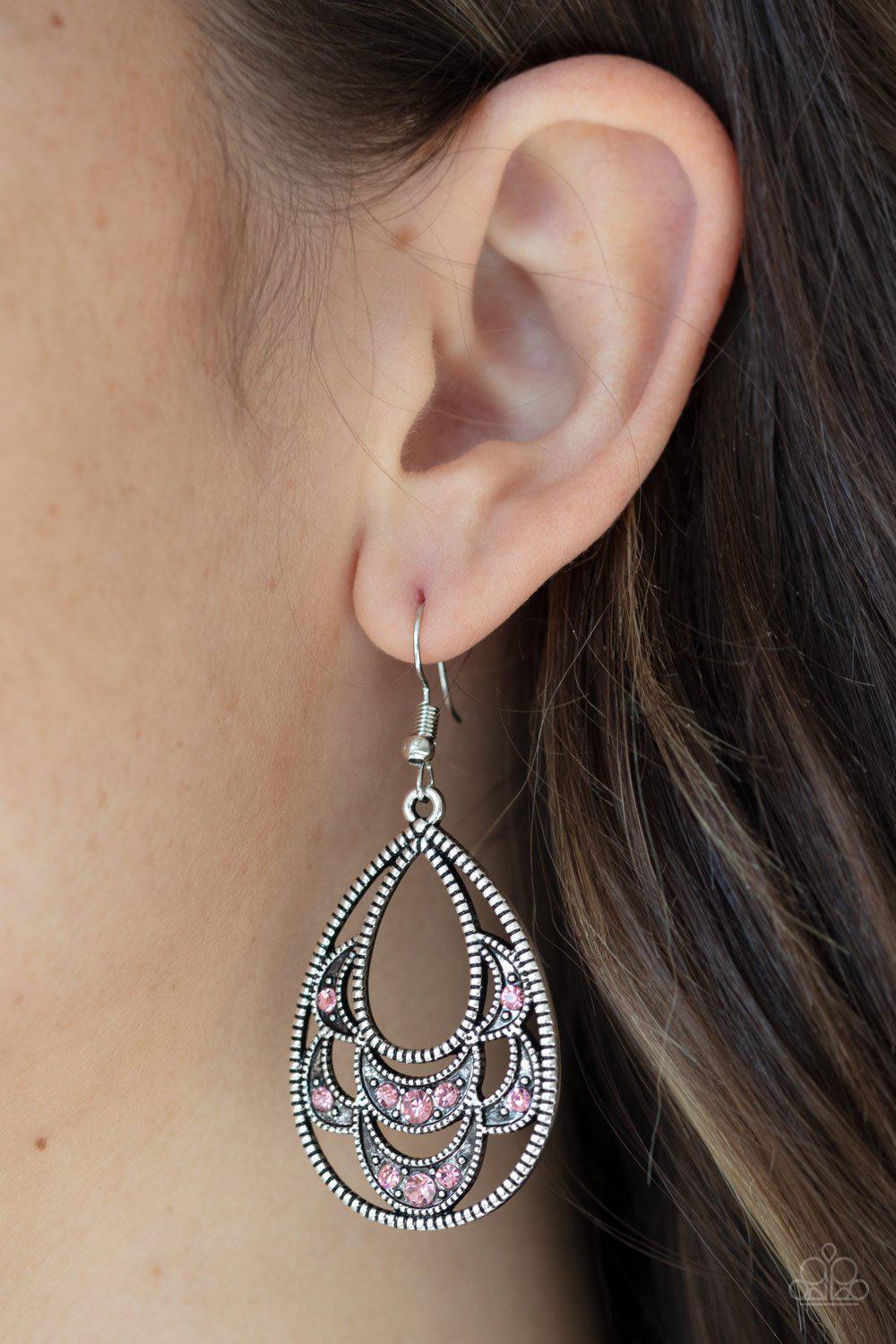 Malibu Macrame Pink Rhinestone Teardrop Earrings - Paparazzi Accessories- on model - CarasShop.com - Paparazzi Jewelry by Cara Jewels