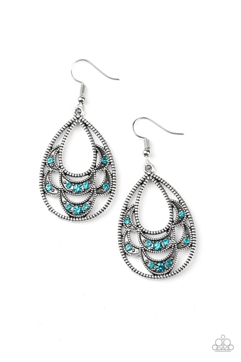 Malibu Macrame Silver and Blue Rhinestone Teardrop Earrings - Paparazzi Accessories- lightbox - CarasShop.com - Paparazzi Jewelry by Cara Jewels