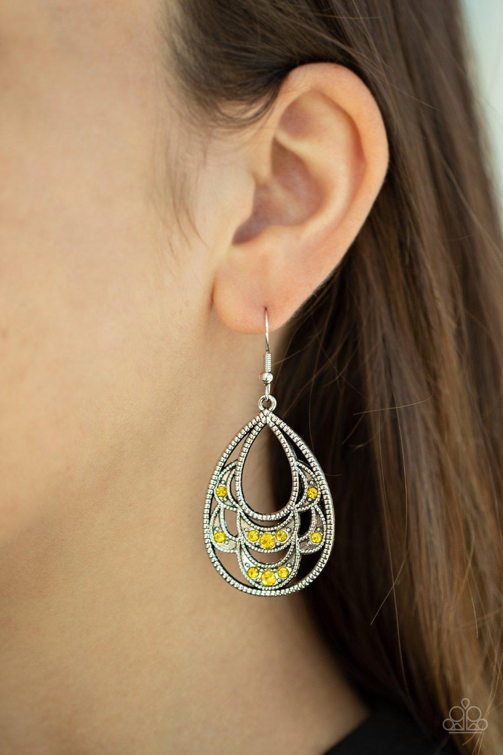 Malibu Macrame Yellow Rhinestone Teardrop Earrings - Paparazzi Accessories- lightbox - CarasShop.com - Paparazzi Jewelry by Cara Jewels