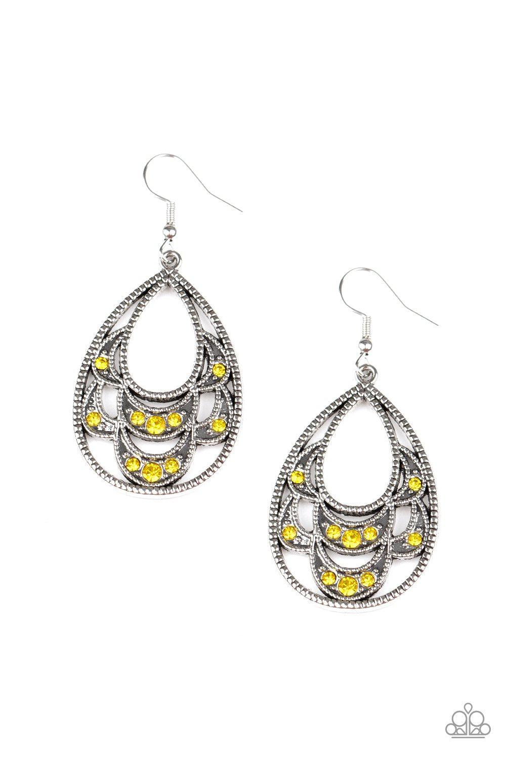 Malibu Macrame Yellow Rhinestone Teardrop Earrings - Paparazzi Accessories- on model - CarasShop.com - Paparazzi Jewelry by Cara Jewels