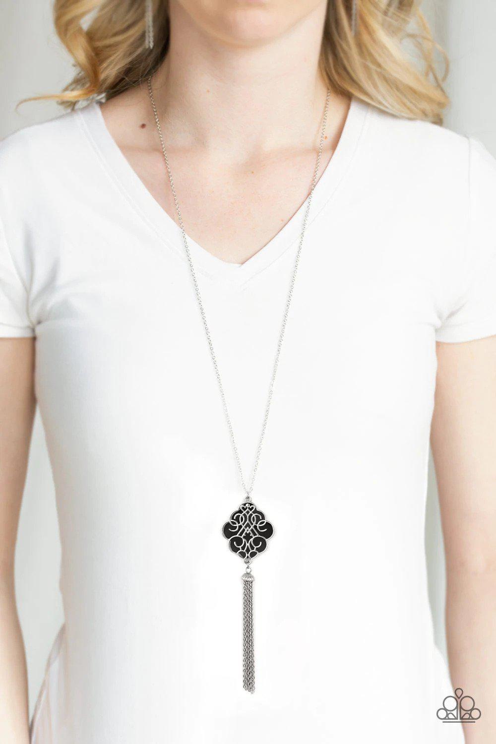 Malibu Mandala Black Necklace - Paparazzi Accessories- on model - CarasShop.com - Paparazzi Jewelry by Cara Jewels