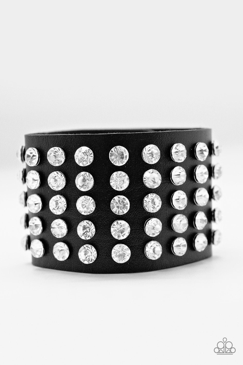 Mama Said Knock You Out Black and White Rhinestone Urban Wrap Snap Bracelet - Paparazzi Accessories- on model - CarasShop.com - Paparazzi Jewelry by Cara Jewels