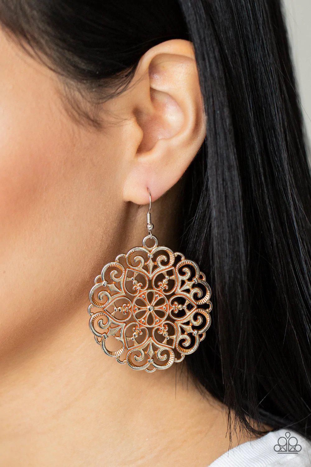 MANDALA Effect Orange Earrings - Paparazzi Accessories- lightbox - CarasShop.com - Paparazzi Jewelry by Cara Jewels