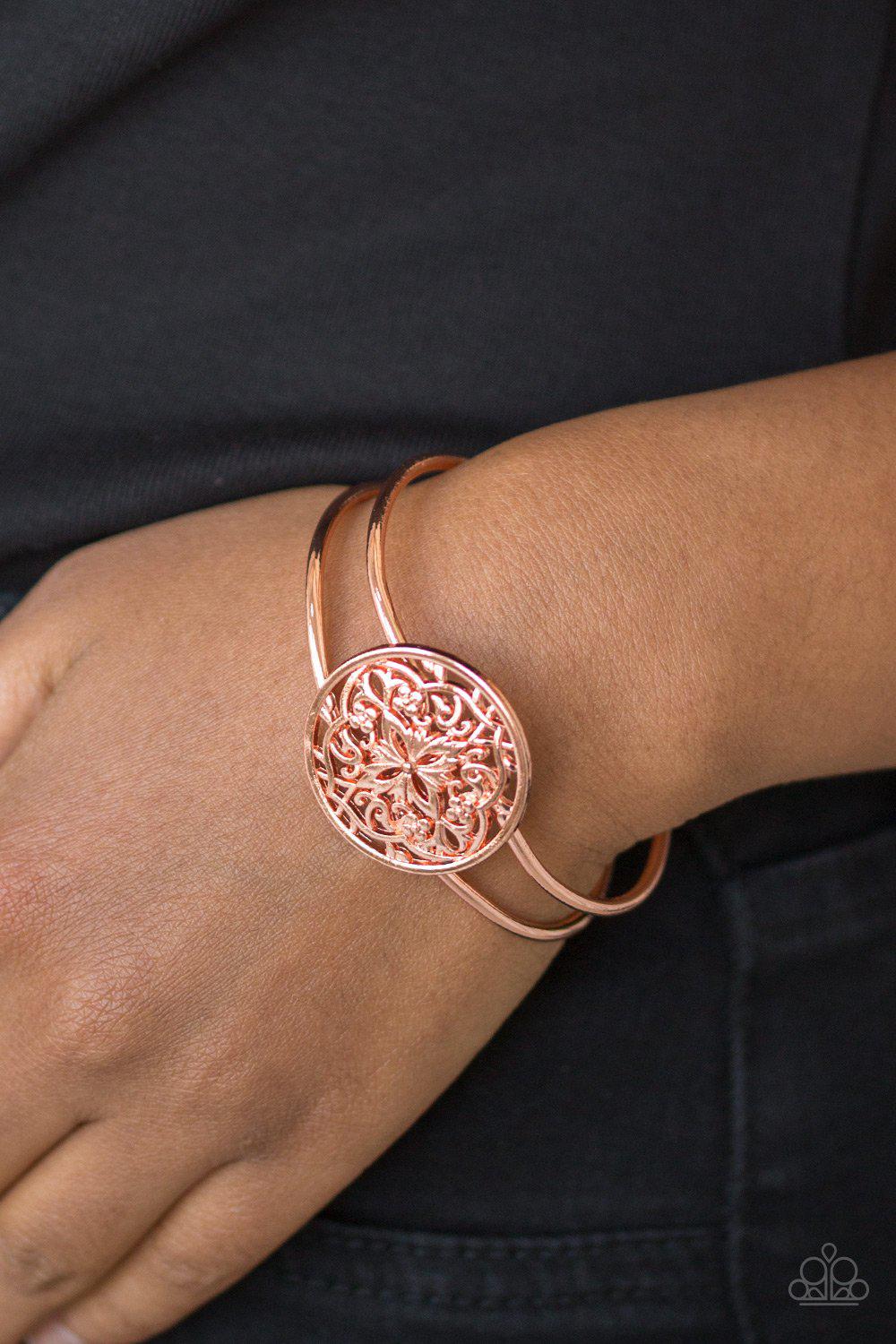 Mandala Majesty Shiny Copper Hinged Bracelet - Paparazzi Accessories- lightbox - CarasShop.com - Paparazzi Jewelry by Cara Jewels