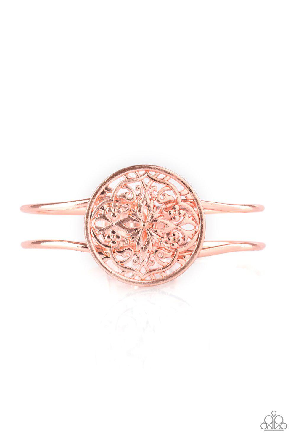 Mandala Majesty Shiny Copper Hinged Bracelet - Paparazzi Accessories- on model - CarasShop.com - Paparazzi Jewelry by Cara Jewels