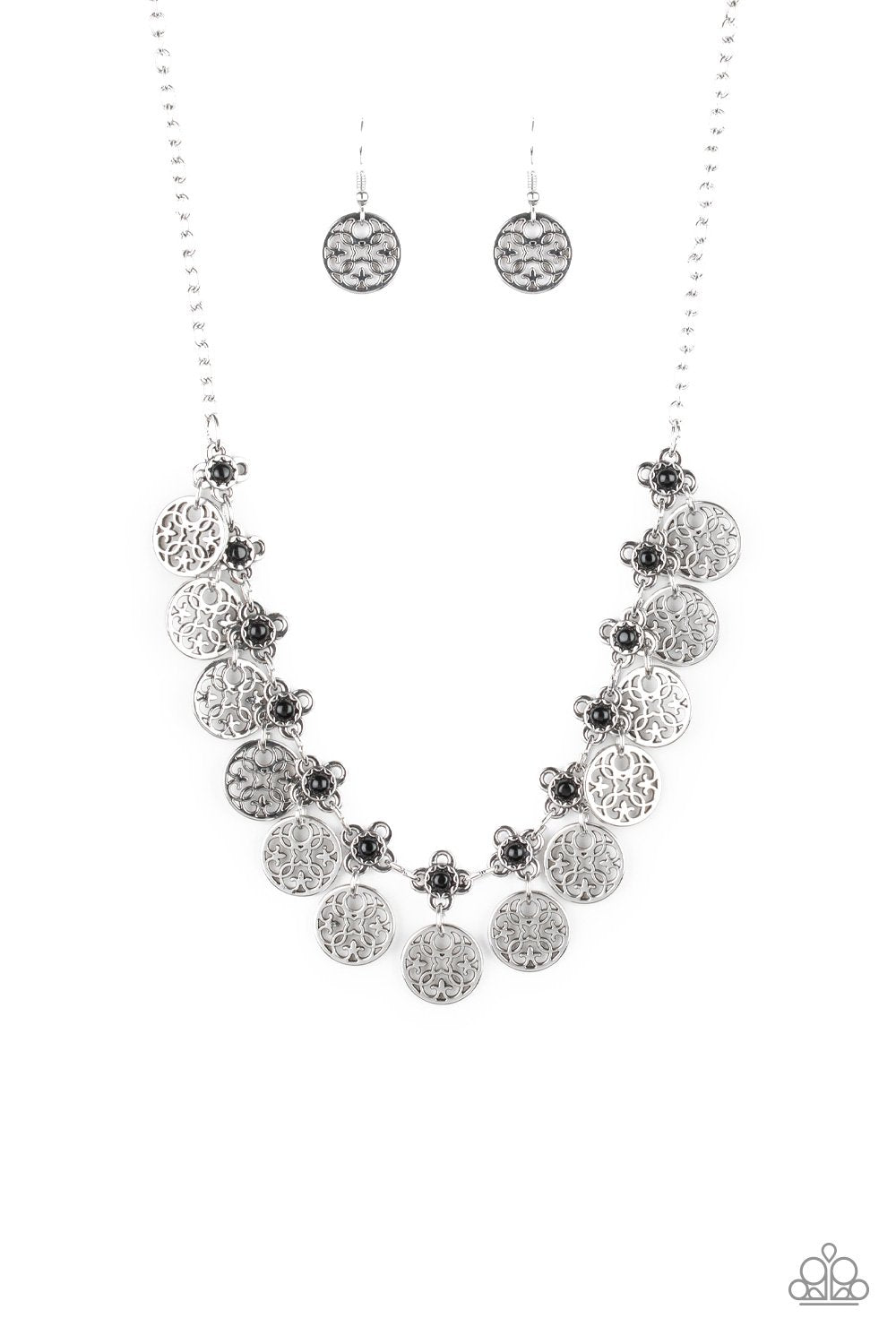 Mandala Movement Silver and Black Necklace - Paparazzi Accessories - free matching earrings -CarasShop.com - Paparazzi Jewelry by Cara Jewels
