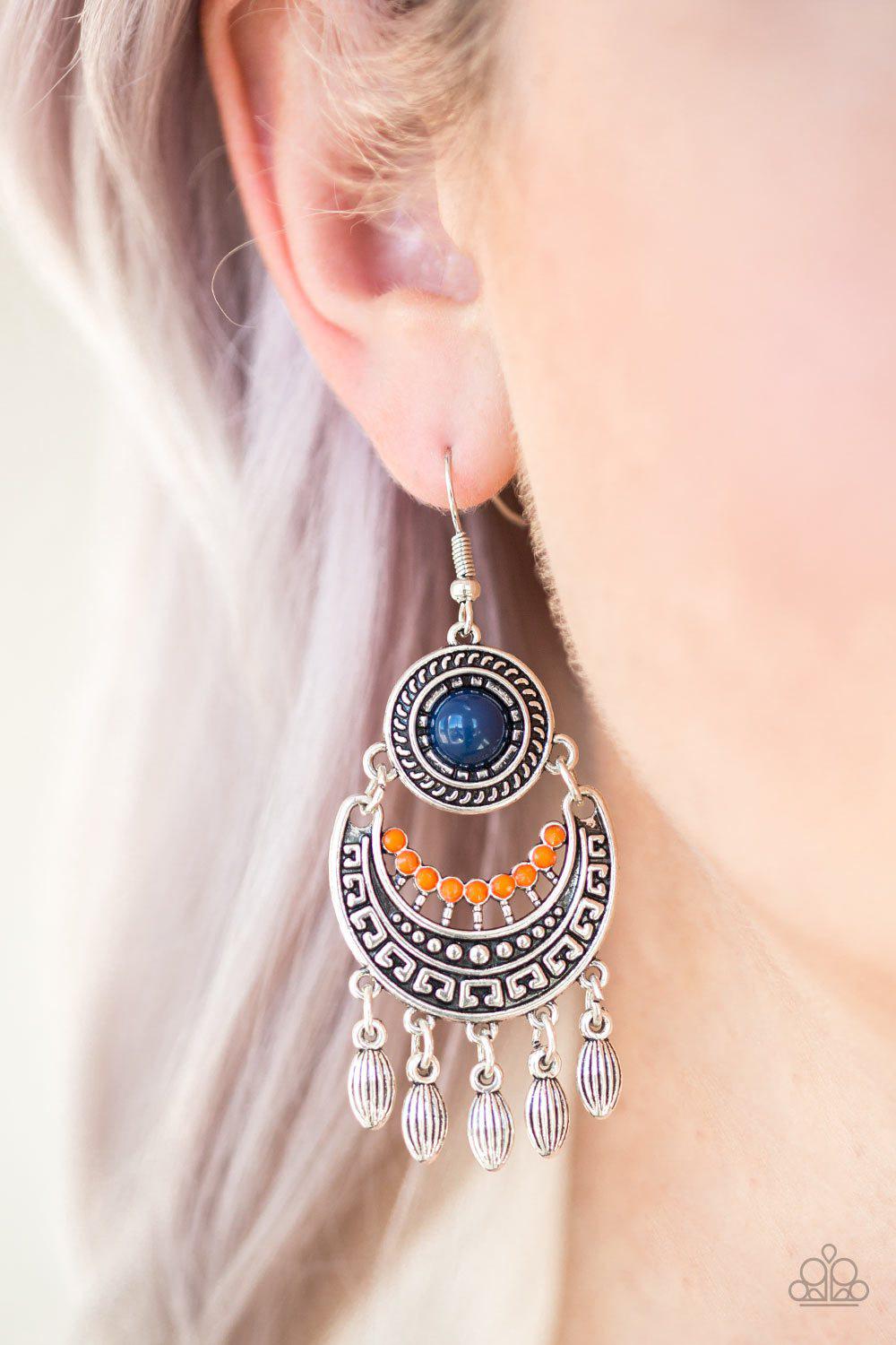 Mantra To Mantra Blue and Orange Earrings - Paparazzi Accessories- lightbox - CarasShop.com - Paparazzi Jewelry by Cara Jewels
