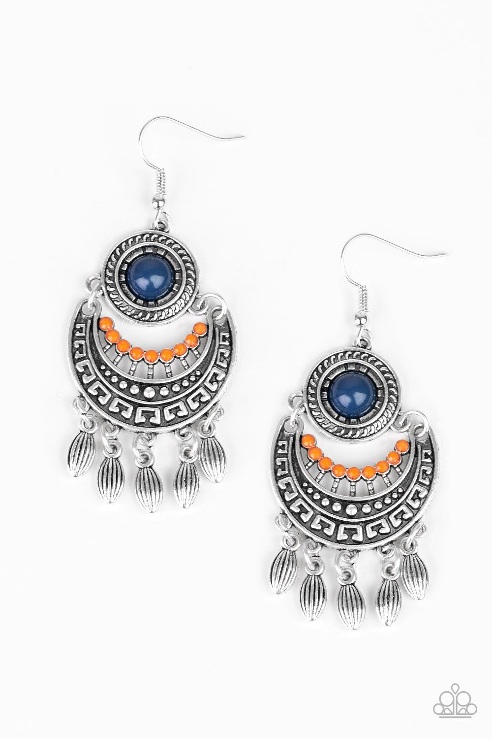 Mantra To Mantra Blue and Orange Earrings - Paparazzi Accessories- on model - CarasShop.com - Paparazzi Jewelry by Cara Jewels
