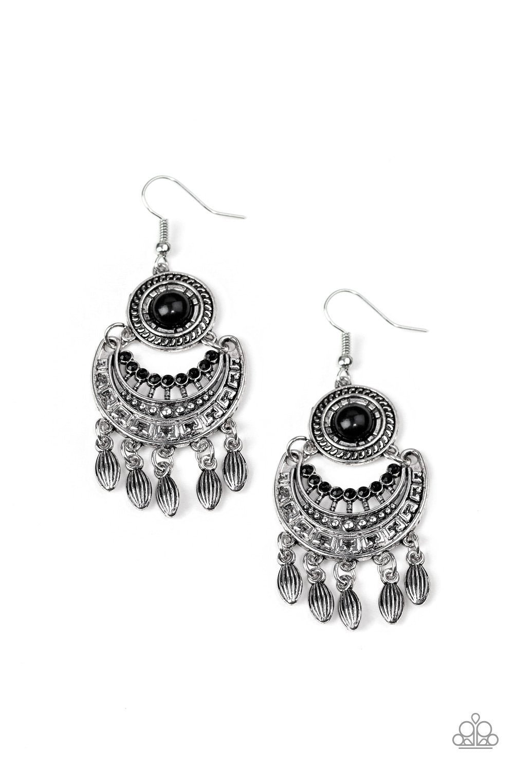 Mantra To Mantra Silver and Black Earrings - Paparazzi Accessories- on model - CarasShop.com - Paparazzi Jewelry by Cara Jewels