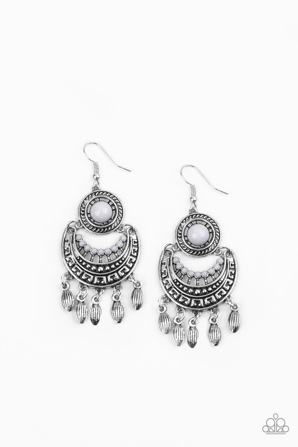 Mantra to Mantra Silver Earrings - Paparazzi Accessories- lightbox - CarasShop.com - Paparazzi Jewelry by Cara Jewels