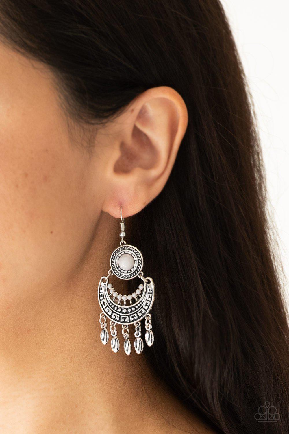 Mantra to Mantra Silver Earrings - Paparazzi Accessories- lightbox - CarasShop.com - Paparazzi Jewelry by Cara Jewels