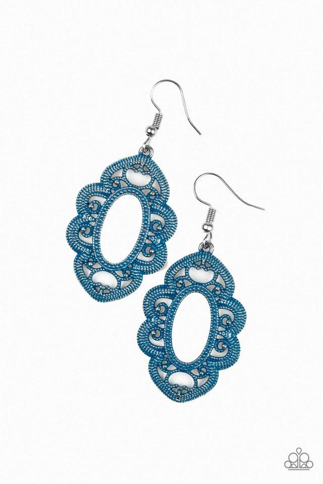 Mantras and Mandalas Blue Filigree Earrings - Paparazzi Accessories- on model - CarasShop.com - Paparazzi Jewelry by Cara Jewels