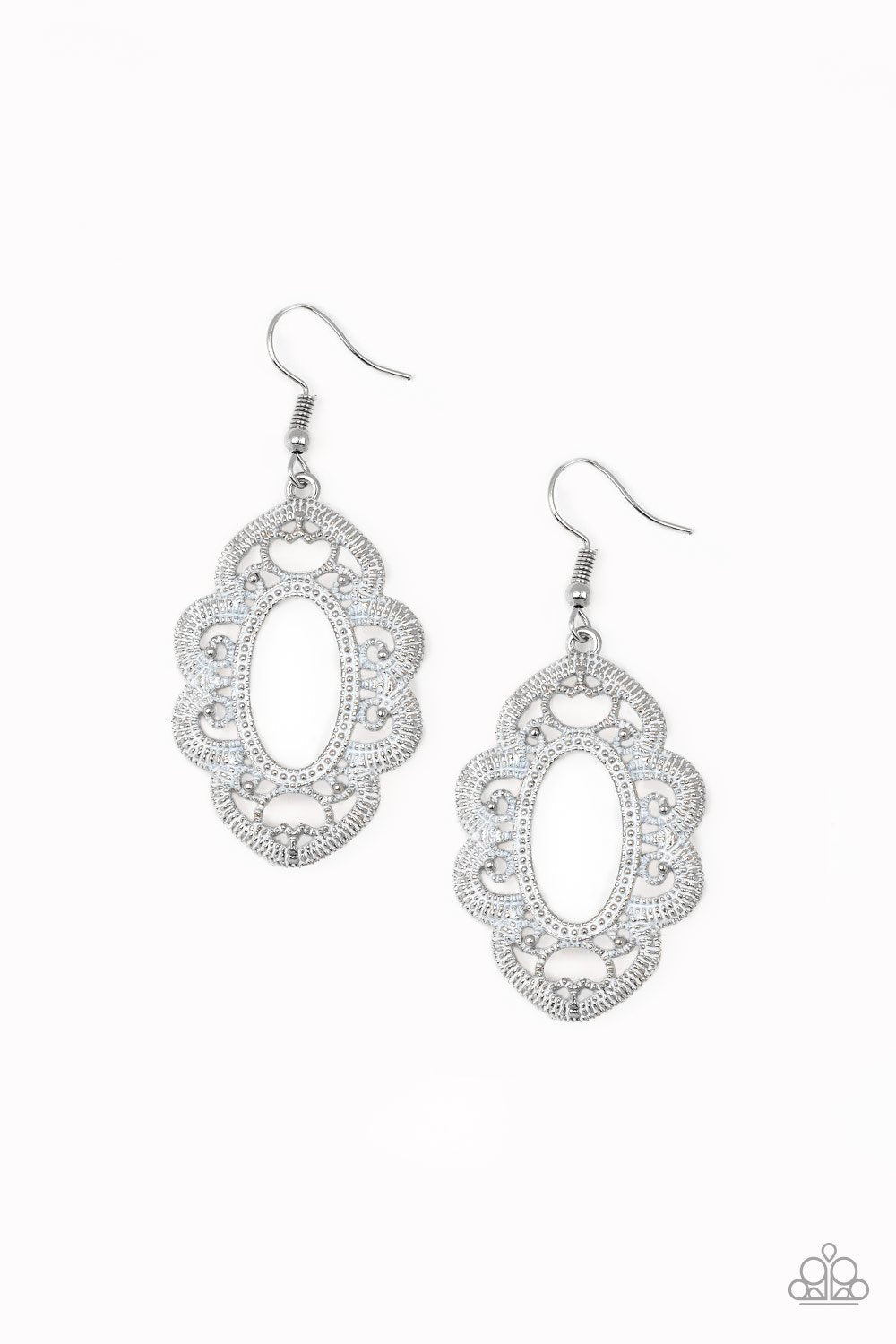 Mantras and Mandalas White Filigree Earrings - Paparazzi Accessories- lightbox - CarasShop.com - Paparazzi Jewelry by Cara Jewels