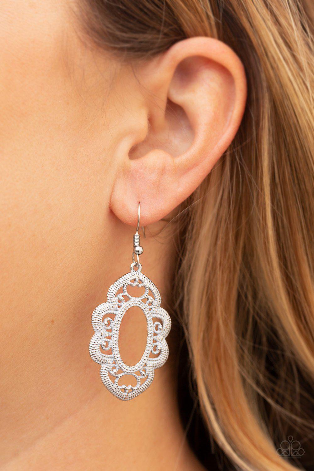 Mantras and Mandalas White Filigree Earrings - Paparazzi Accessories- on model - CarasShop.com - Paparazzi Jewelry by Cara Jewels