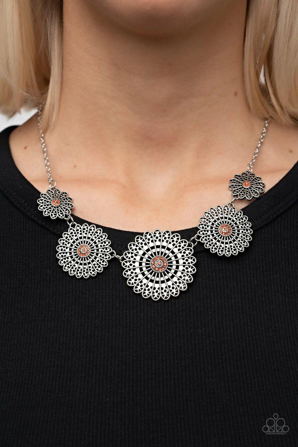 Marigold Meadows Orange Necklace - Paparazzi Accessories- on model - CarasShop.com - Paparazzi Jewelry by Cara Jewels