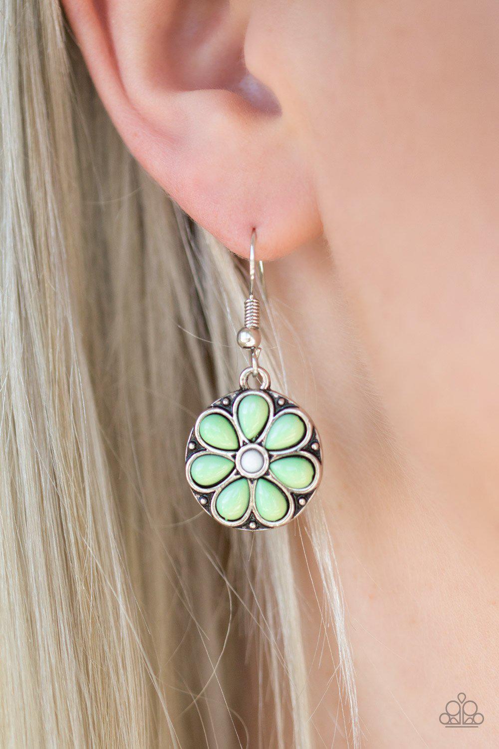 Marigold Rush Green Flower Earrings - Paparazzi Accessories- lightbox - CarasShop.com - Paparazzi Jewelry by Cara Jewels