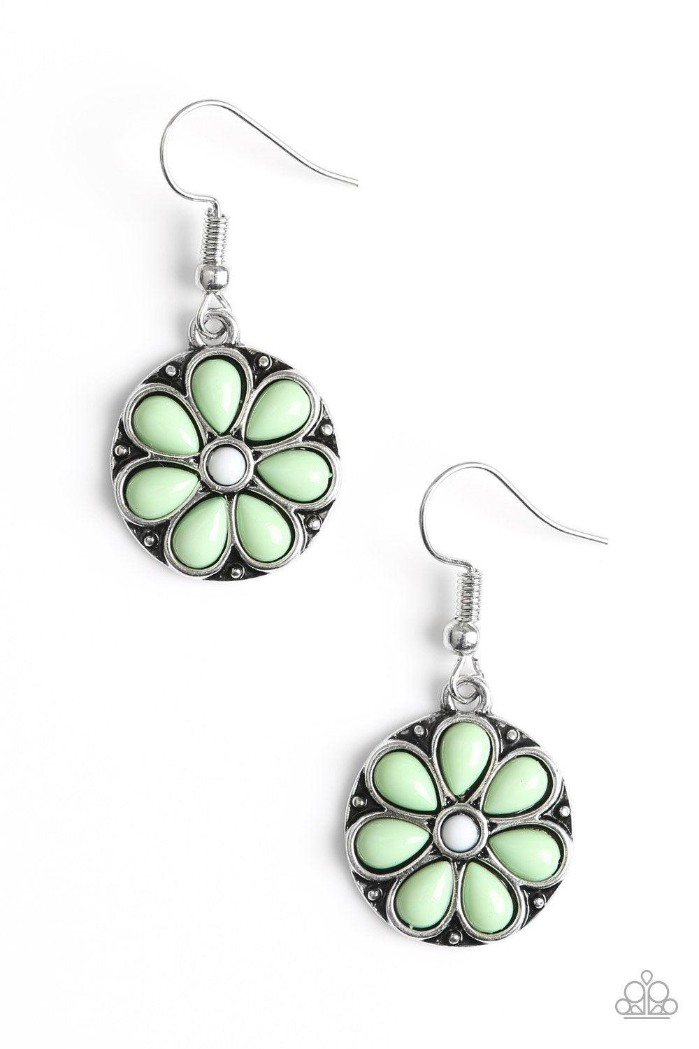 Marigold Rush Green Flower Earrings - Paparazzi Accessories- on model - CarasShop.com - Paparazzi Jewelry by Cara Jewels