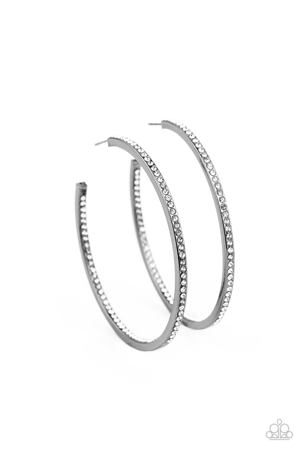 Marquee Magic Black Gunmetal and Rhinestone Hoop Earrings - Paparazzi Accessories- on model - CarasShop.com - Paparazzi Jewelry by Cara Jewels